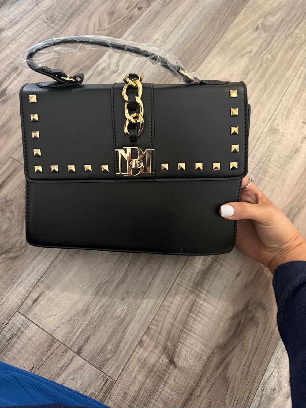 Badgley Mischka Black Stud-Trim Top Handle Satchel with Gold Chain